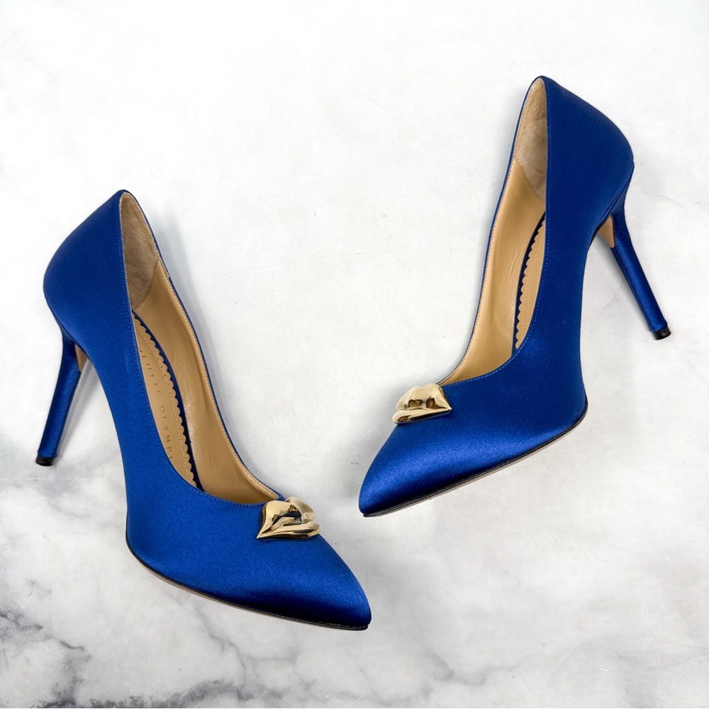 Charlotte Olympia Lippy Eva Metal Lips Silk Satin Pointed Toe Stiletto Heel Pump - Picture 5 of 13